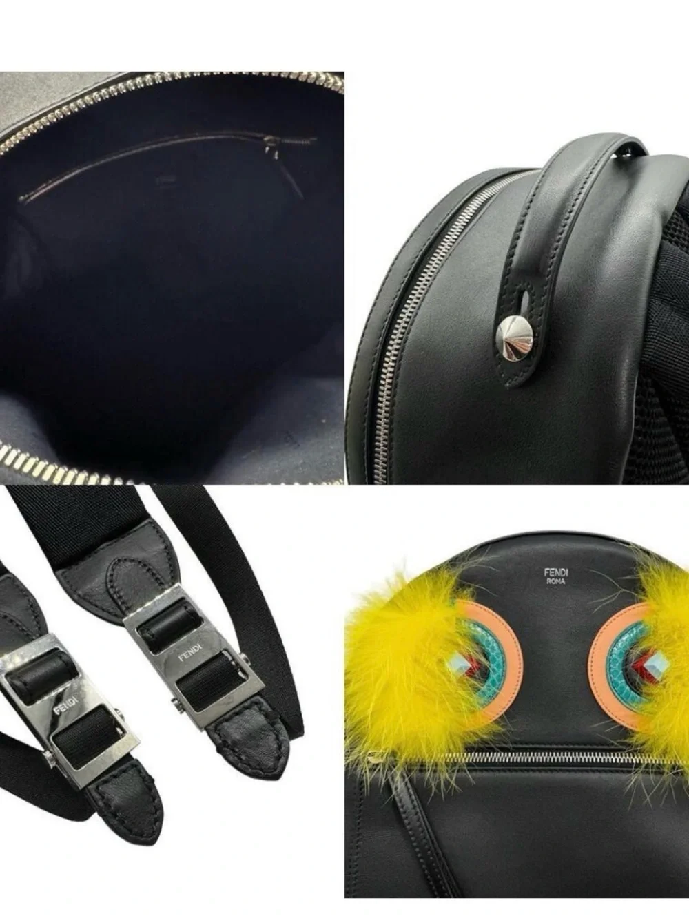 Fendi Black Backpack with Yellow Fur Eye Accents